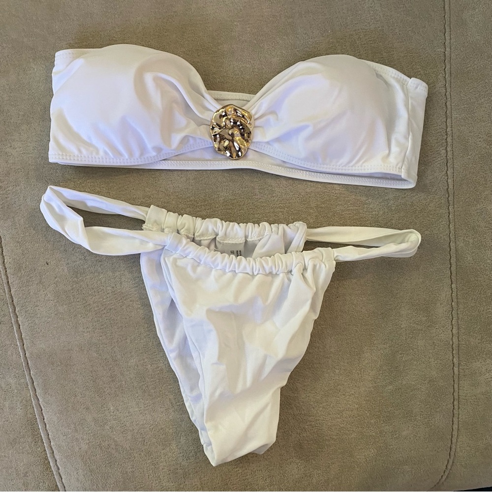 SHEIN White Bandeau Bikini with Gold Accent